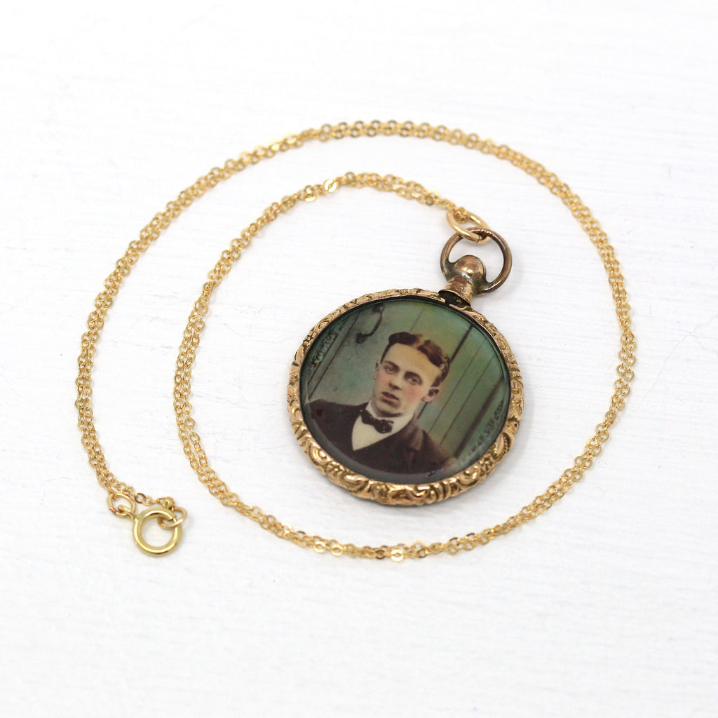 Sale - Antique Photo Fob - Edwardian Gold Filled Tinted Photograph Charm Pendant Necklace - Circa 1900s Era Keepsake Human Hair Jewelry