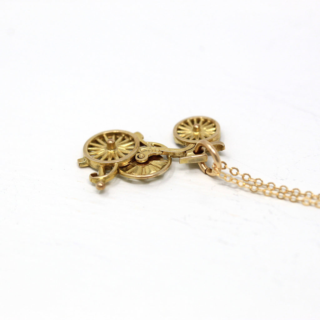 Sale - Vintage Steampunk Charm - Retro Era 14k Yellow Gold Fire Pumper Wagon Pendant Necklace - 1940s Bicycle Carriage Engine Fine Jewelry