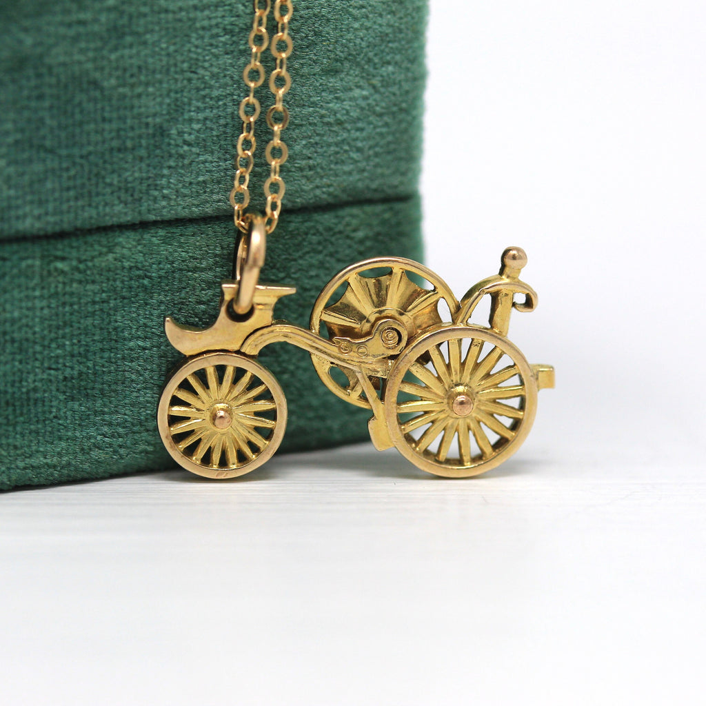 Sale - Vintage Steampunk Charm - Retro Era 14k Yellow Gold Fire Pumper Wagon Pendant Necklace - 1940s Bicycle Carriage Engine Fine Jewelry