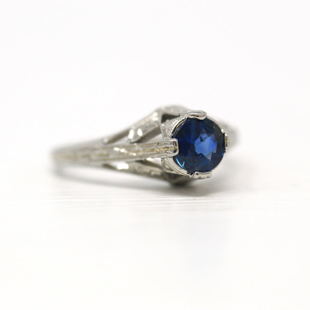 Sale - Vintage Engagement Ring - 18k White Gold Art Deco Era 1/2 CT Blue Sapphire Gem Wedding - Circa 1930s Antique Size 4.25 Jewelry Report