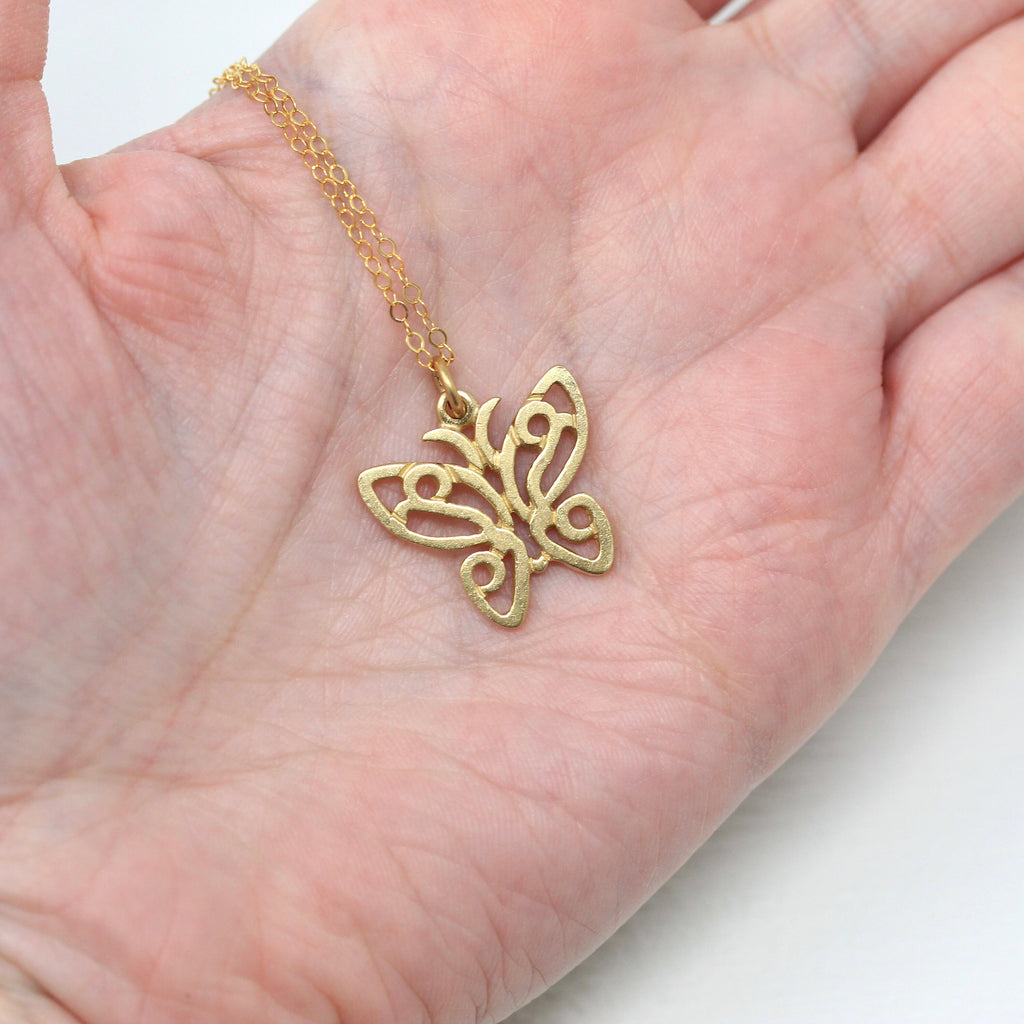 Sale - Modern Butterfly Charm - Estate 14k Yellow Gold Figural Winged Insect Pendant Necklace - Circa 2000's Era Statement Bug Fine Jewelry