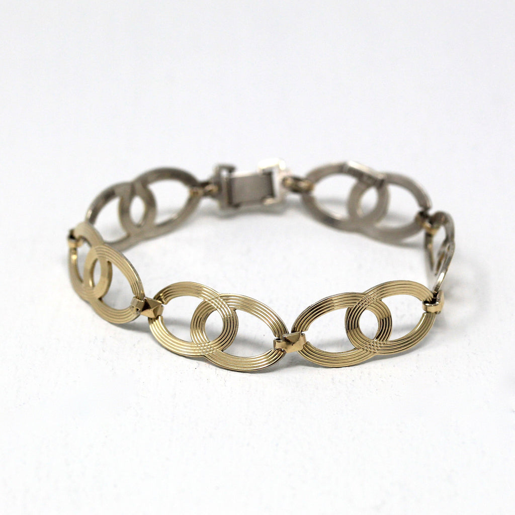 Sale - Mid Century Bracelet - Vintage Sterling Silver 14k Yellow Gold Oval Statement - Circa 1950s Fashion Accessory Fold Over Clasp Jewelry