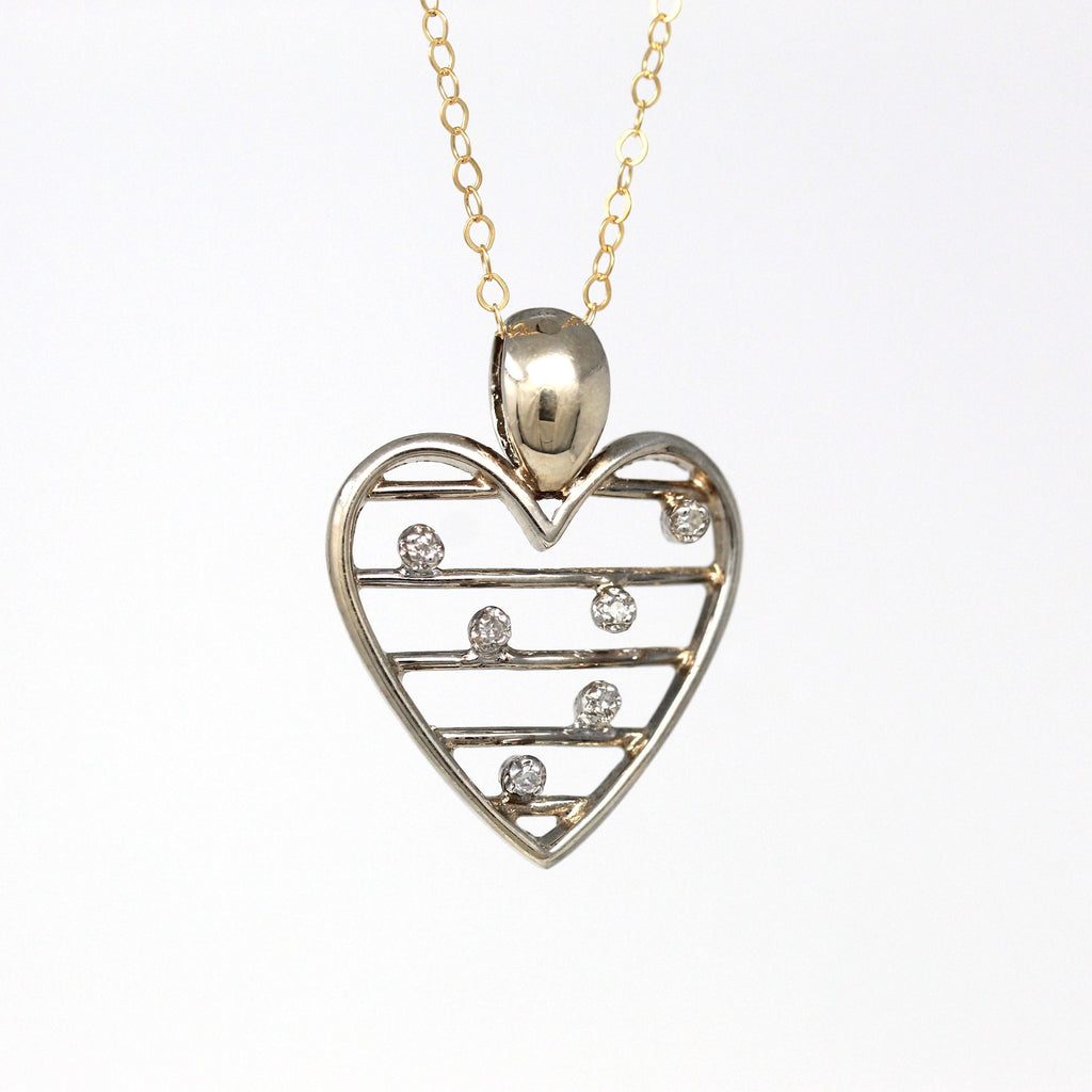 Sale - Diamond Heart Necklace - Retro Era Yellow & White Gold Genuine .03 CTW Gem Charm - Vintage Circa 1970s April Birthstone Fine Jewelry