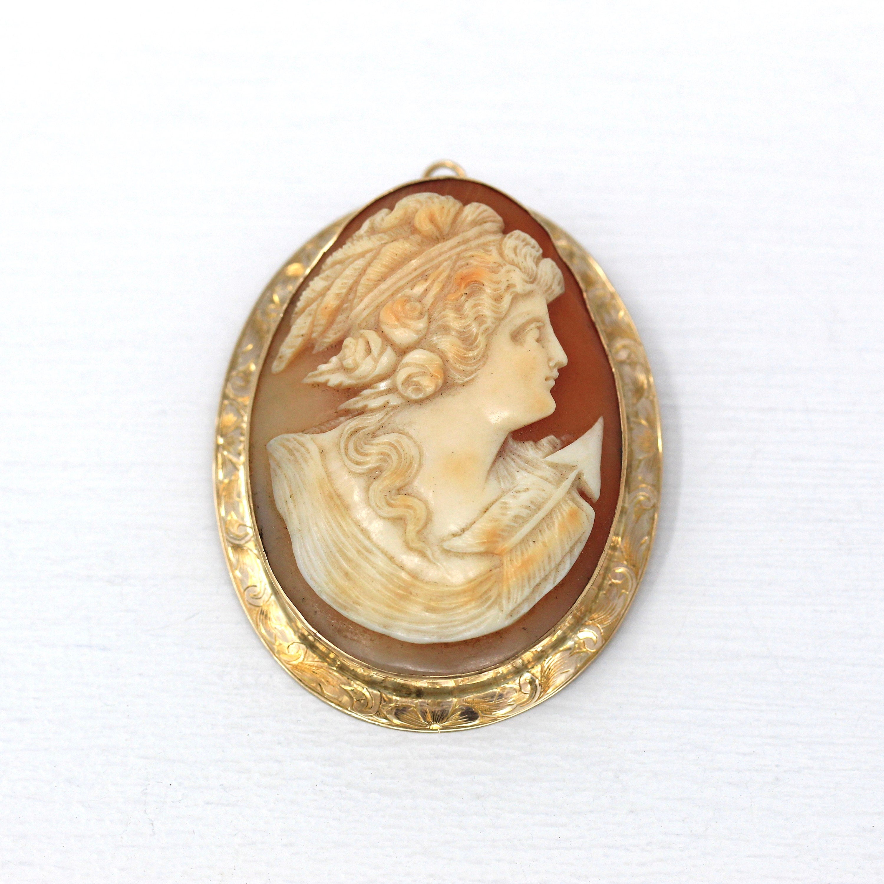 Antique Cameo Brooch - Edwardian 10k Yellow Gold Carved Shell Pendant Necklace - Circa 1910s Era Statement Fashion Accessory Fine Jewelry