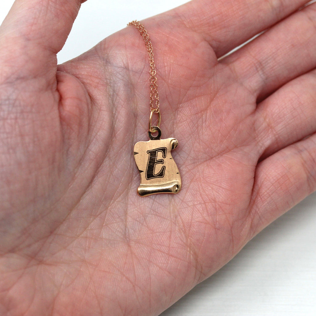 Sale - Letter "E" Necklace - Modern 14k Rose Gold Initial Scroll Charm Pendant - Estate Circa 2000's Era Fine Personalized Bold Font Jewelry