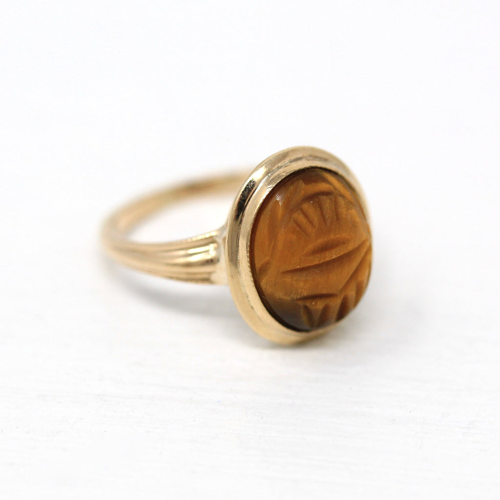 Sale - Vintage Scarab Ring - 10k Yellow Gold Genuine Carved Tiger's Eye Gem - Retro 1960s Size 5.25 Beetle Bug Egyptian Revival Fine Jewelry