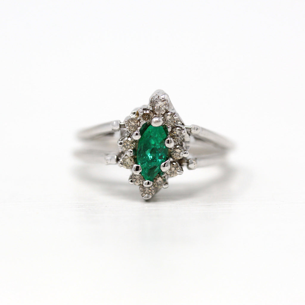 Sale - Modern Reversible Ring - Estate 14k White Gold Created Emerald Double Sided Flip - Circa 2000s Era Size 7 3/4 Diamond Cluster Jewelry