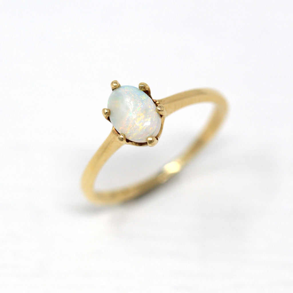 Sale - Genuine Opal Ring - Modern 14k Yellow Gold Oval Cabochon Cut .40 CT Gem - Estate Circa 1990s Size 6 1/4 October Birthstone Jewelry