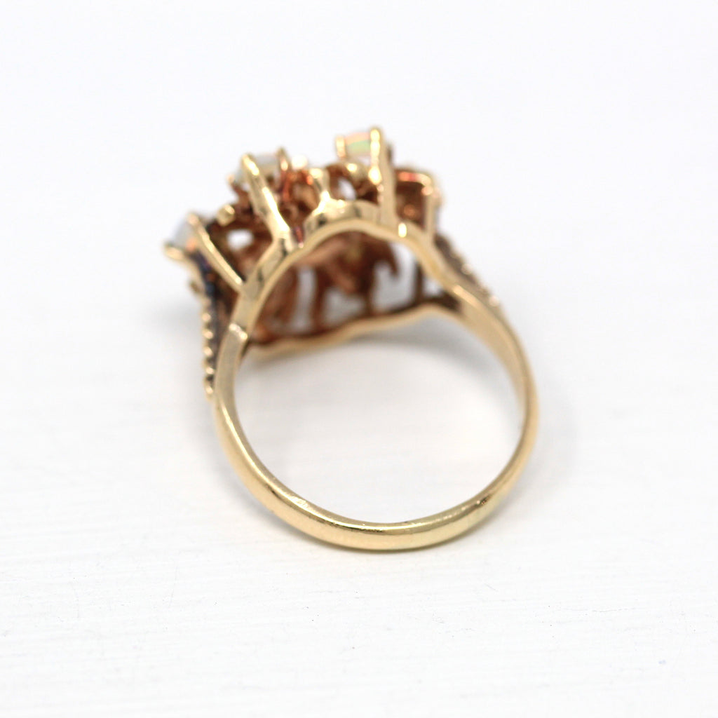 Sale - Genuine Opal Ring - Retro 10k Yellow Gold Round Cabochon Cut Gems - Vintage 1970s Era Size 6 3/4 Statement October Birthstone Jewelry