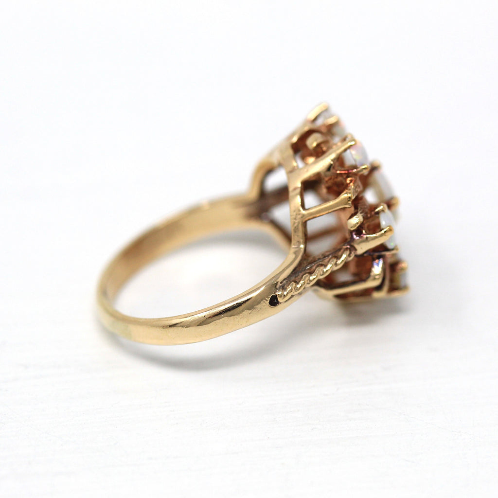 Sale - Genuine Opal Ring - Retro 10k Yellow Gold Round Cabochon Cut Gems - Vintage 1970s Era Size 6 3/4 Statement October Birthstone Jewelry