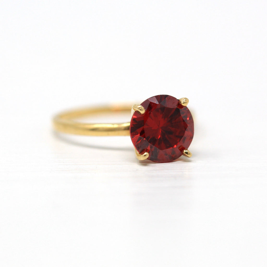 Sale - Simulated Garnet Ring - Retro 14k Yellow Gold Solitaire Round Faceted Red Glass Stone - Vintage 1970s Size 5 3/4 Statement Jewelry