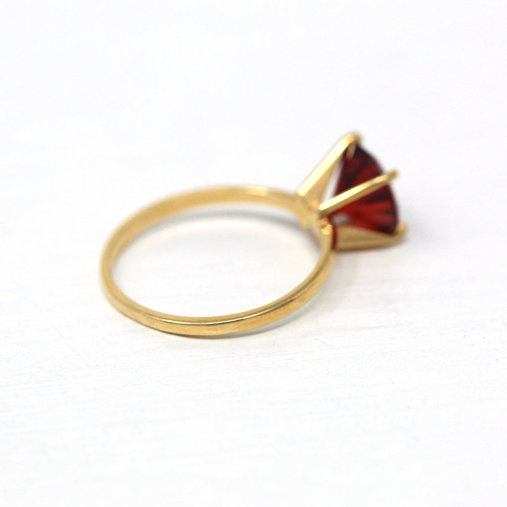 Sale - Simulated Garnet Ring - Retro 14k Yellow Gold Solitaire Round Faceted Red Glass Stone - Vintage 1970s Size 5 3/4 Statement Jewelry