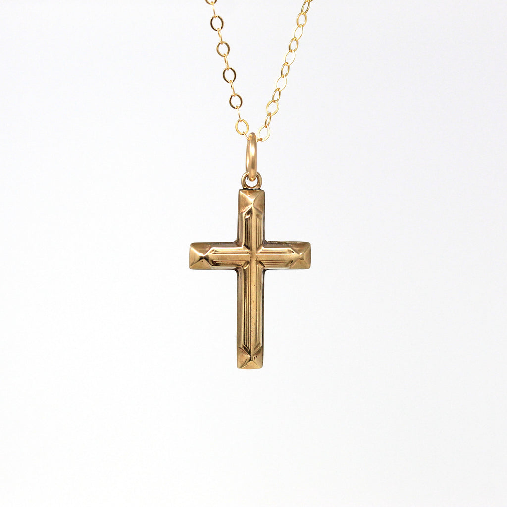 Sale - Vintage Cross Necklace - Retro 10k Yellow Gold Dainty Crucifix Engraved Pendant Charm - Circa 1940s Era Religious Faith Fine Jewelry