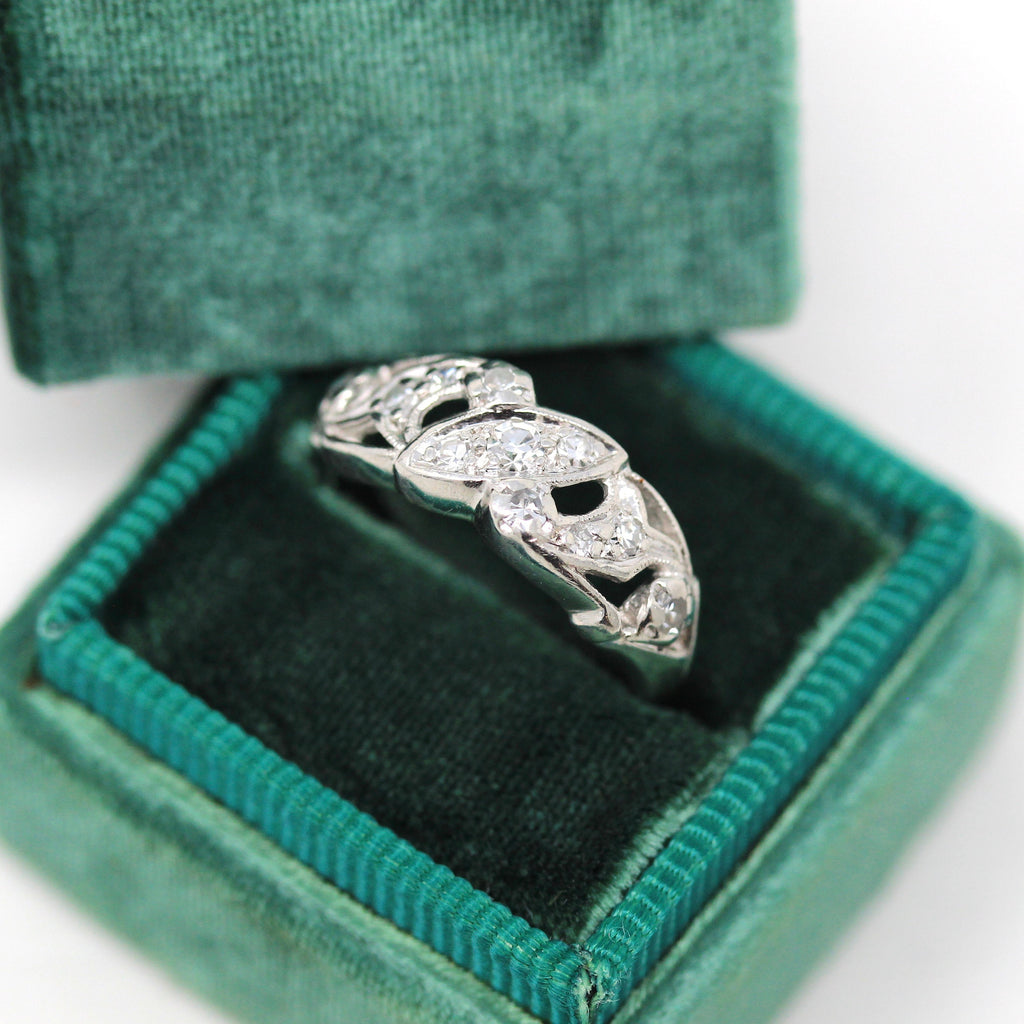 Sale - Mid Century Ring - Vintage Platinum Genuine Single Cut Diamonds Band - Circa 1950s Era Size 4 Anniversary Engagement Milgrain Jewelry