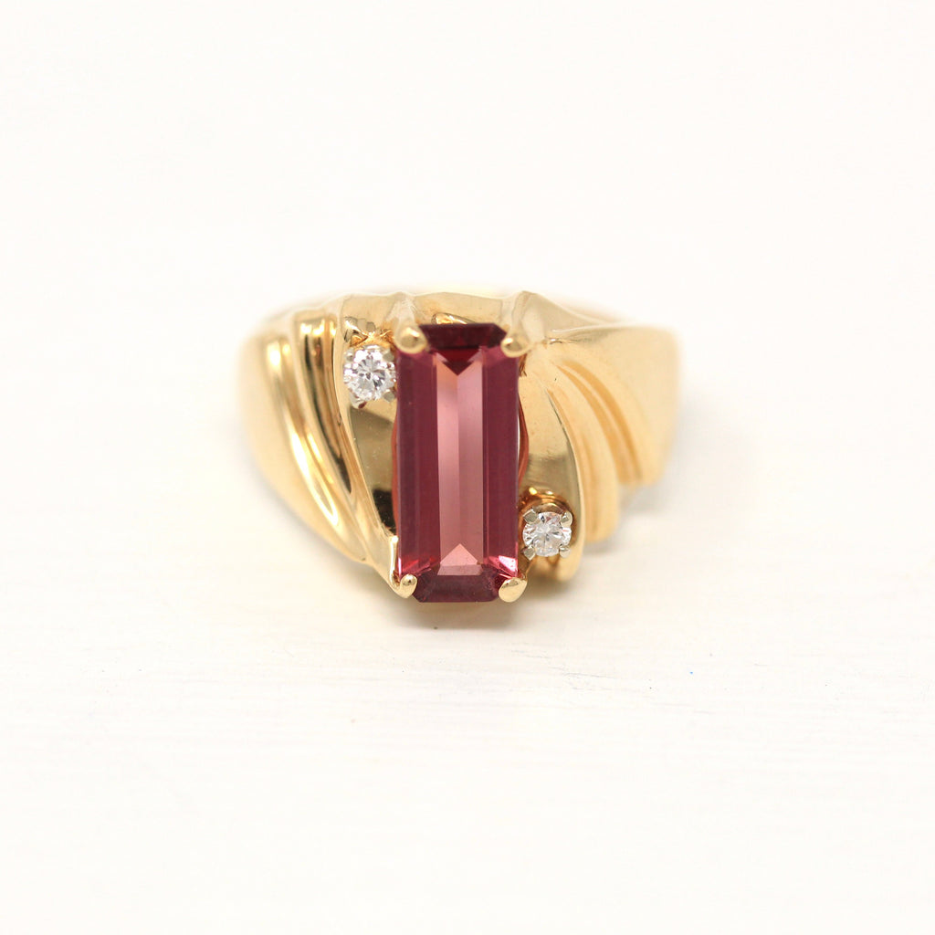 Sale - Rhodolite Garnet Ring - Retro 14k Yellow Gold Genuine 1.35 CT Pink Garnet & Diamonds - 1970s Size 7 Statement Gemstone Fine Jewelry