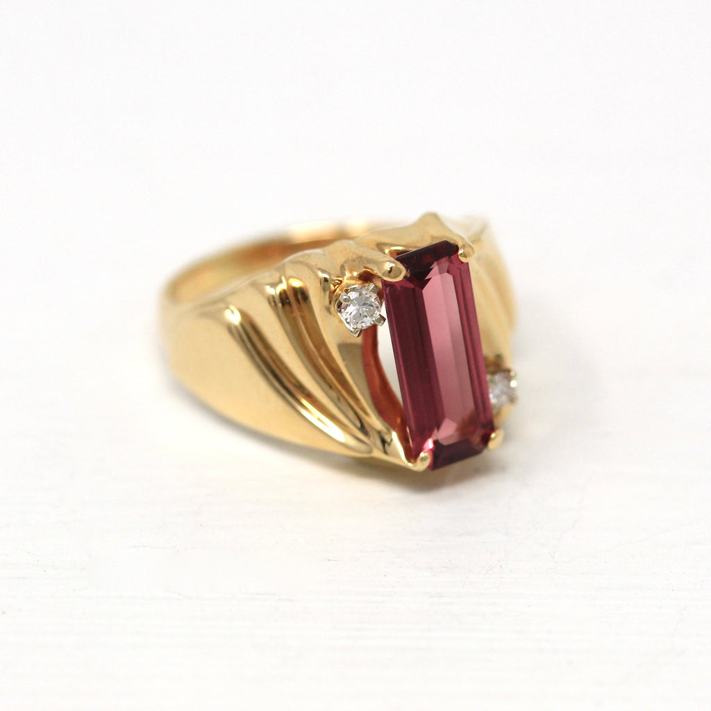 Sale - Rhodolite Garnet Ring - Retro 14k Yellow Gold Genuine 1.35 CT Pink Garnet & Diamonds - 1970s Size 7 Statement Gemstone Fine Jewelry