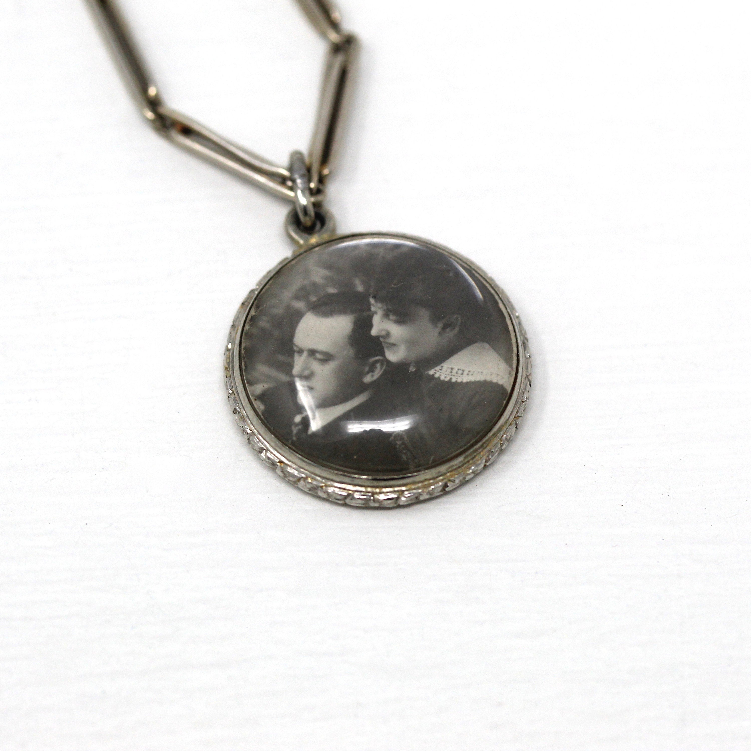 Antique Photo Fob - Art Deco Era 14k White Gold Initials "MAG" Photograph Keepsake - Circa 1920s Choker Necklace Watch Chain Fine Jewelry