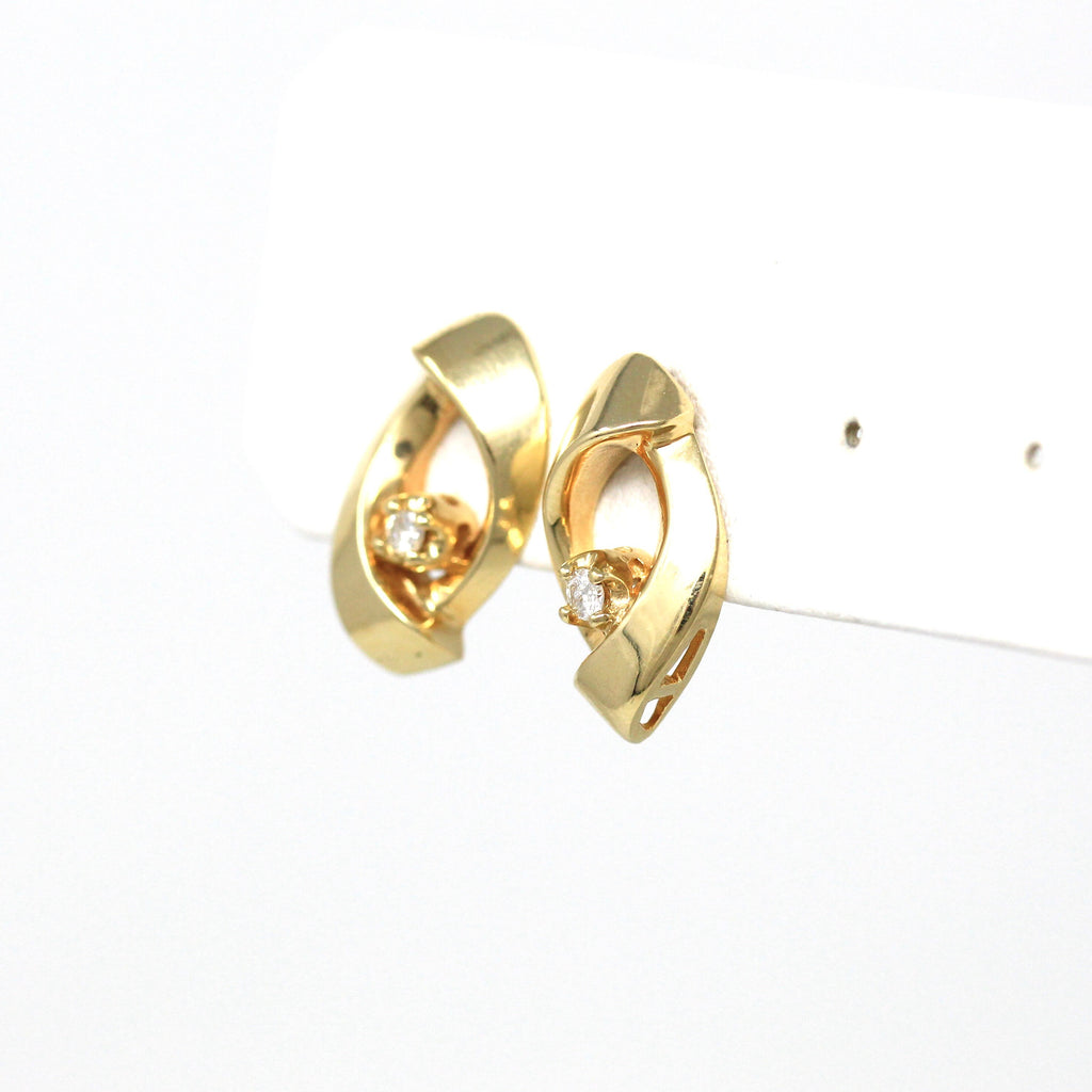 Sale - Genuine Diamond Earrings - Estate 14k Yellow Gold Round 1/10 CTW Gem Infinity Studs - C. 1980s Era Circular Loop Design Fine Jewelry