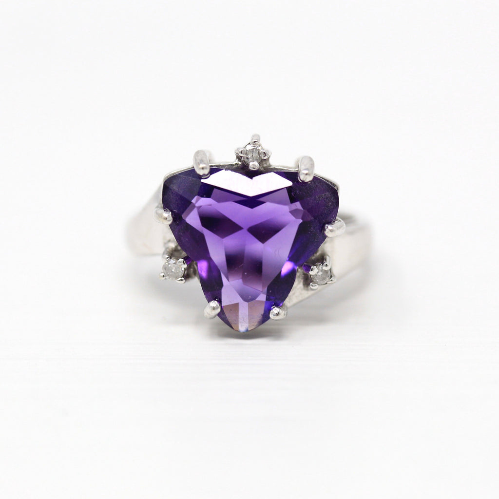 Sale - Genuine Amethyst Ring - Modern 10k White Gold Fancy Cut Purple Gem - Estate Circa 2000s Size 6 Diamond February Birthstone Jewelry