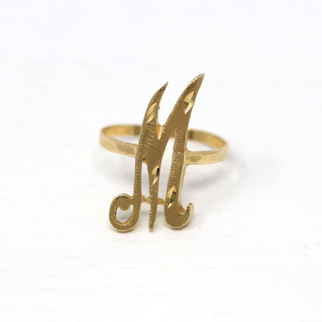 Sale - Letter "M" Ring - Estate 14k Yellow Gold Initial Monogram Diamond Cut Design - Modern Circa 1990s Era Size 9 1/2 Statement Jewelry