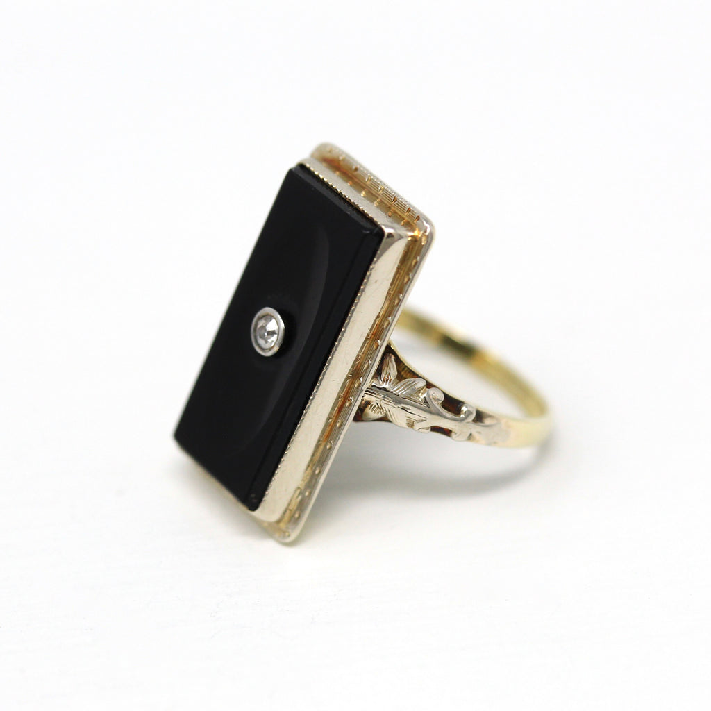 Sale - Vintage Onyx Ring - Art Deco 14k Yellow Gold Genuine .02 CT Diamond Statement - Circa 1930s Size 3 3/4 Rectangular Gem Fine Jewelry