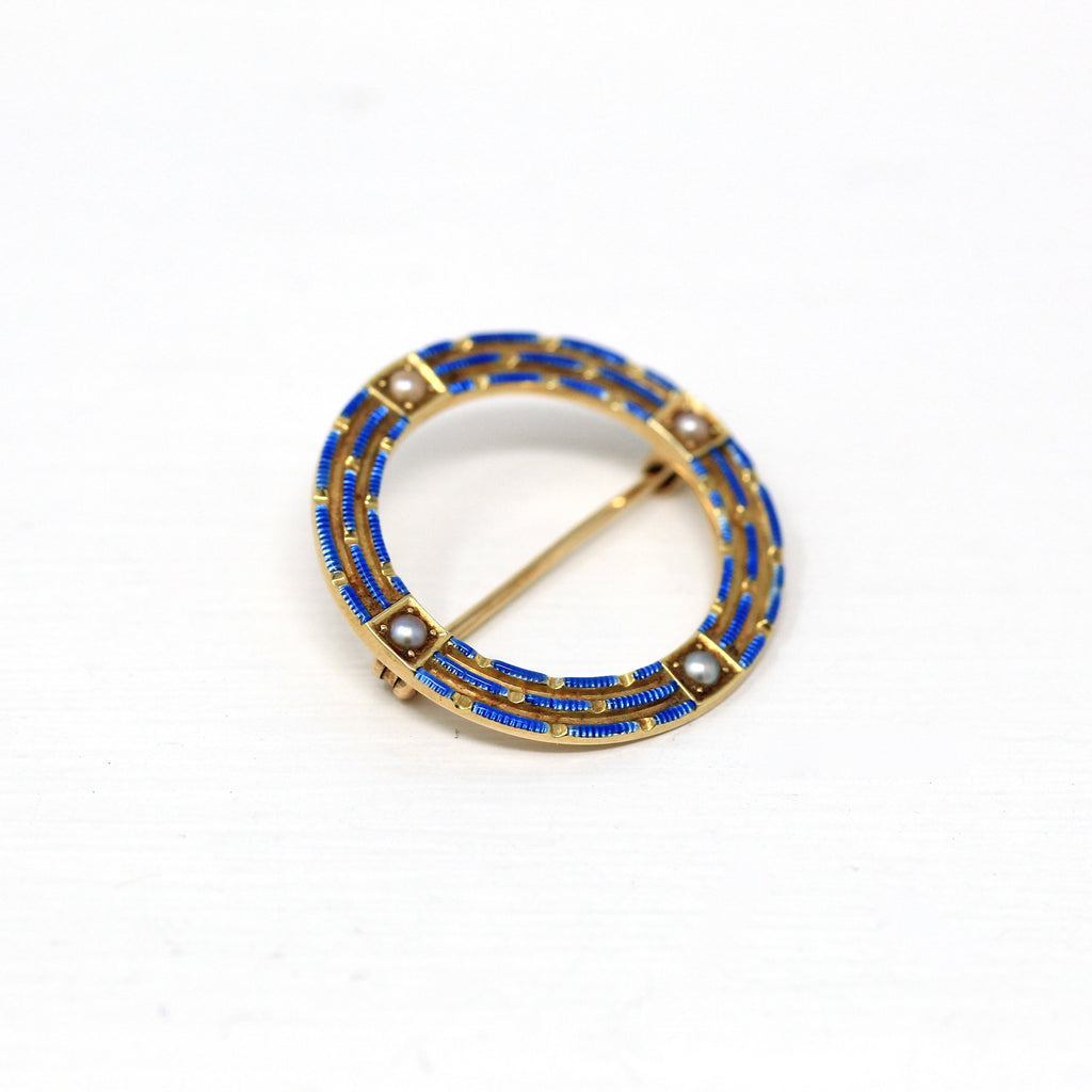 Sale - Antique Circle Brooch - Edwardian 14k Yellow Gold Blue Enamel Seed Pearl Pin - Vintage 1910s Era Fashion Accessory Krementz Jewelry