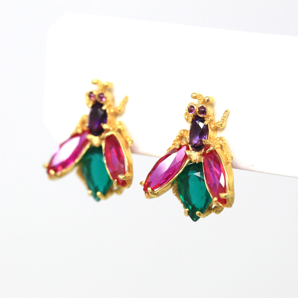 Sale - Vintage Bug Earrings - Retro 18k Yellow Gold Bee Insect Pierced Studs - Circa 1960s Era Amethyst Created Rubies Green Glass Jewelry