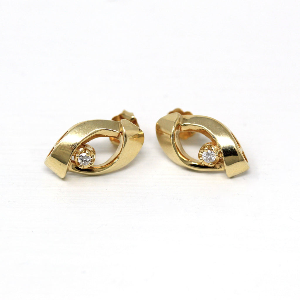 Sale - Genuine Diamond Earrings - Estate 14k Yellow Gold Round 1/10 CTW Gem Infinity Studs - C. 1980s Era Circular Loop Design Fine Jewelry