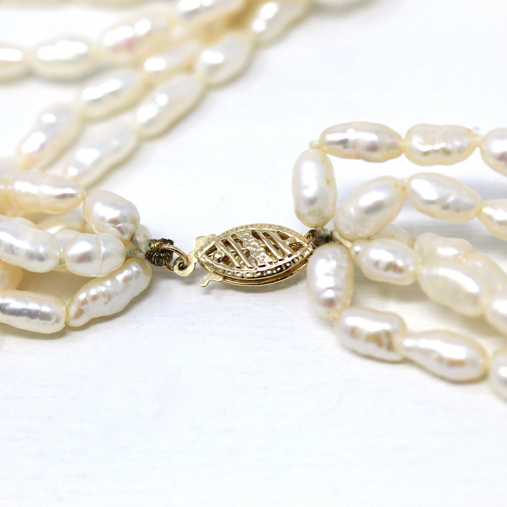 Sale - Cultured Rice Pearl Necklace - Estate 14k Yellow Gold Fish Hook Clasp Four Strands - Vintage Circa 1980s Statement Fine 80s Jewelry