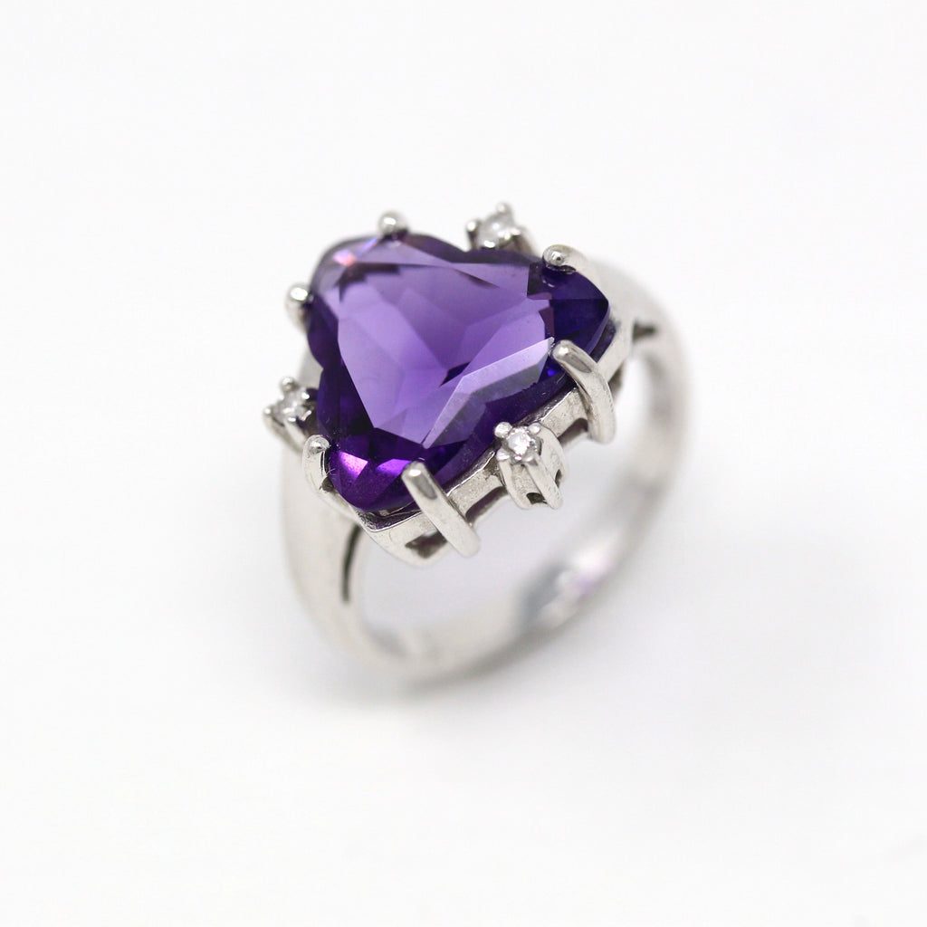 Sale - Genuine Amethyst Ring - Modern 10k White Gold Fancy Cut Purple Gem - Estate Circa 2000s Size 6 Diamond February Birthstone Jewelry