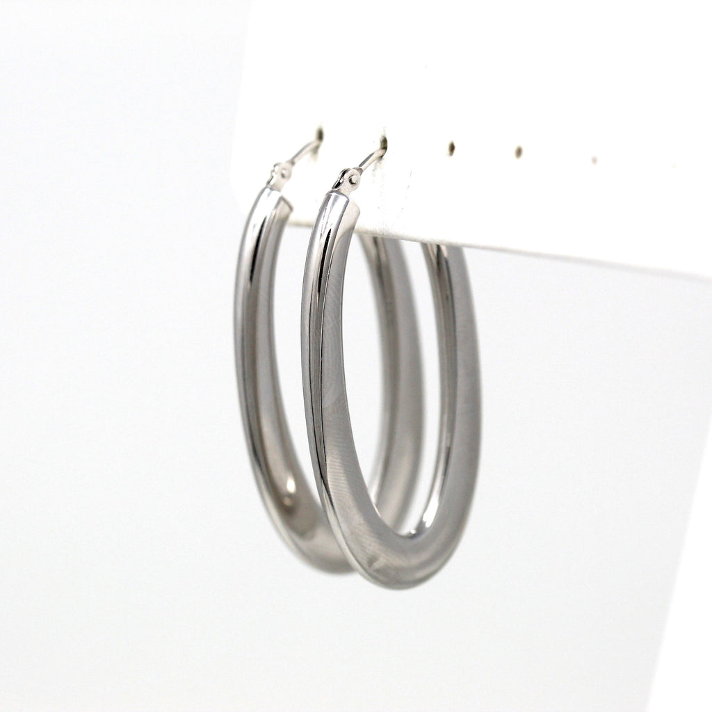 Sale - Modern Hoop Earrings - Estate 14k White Gold Latch Back Hollow Oval Design - Circa 2000's Era Statement Accessory Milor Italy Jewelry