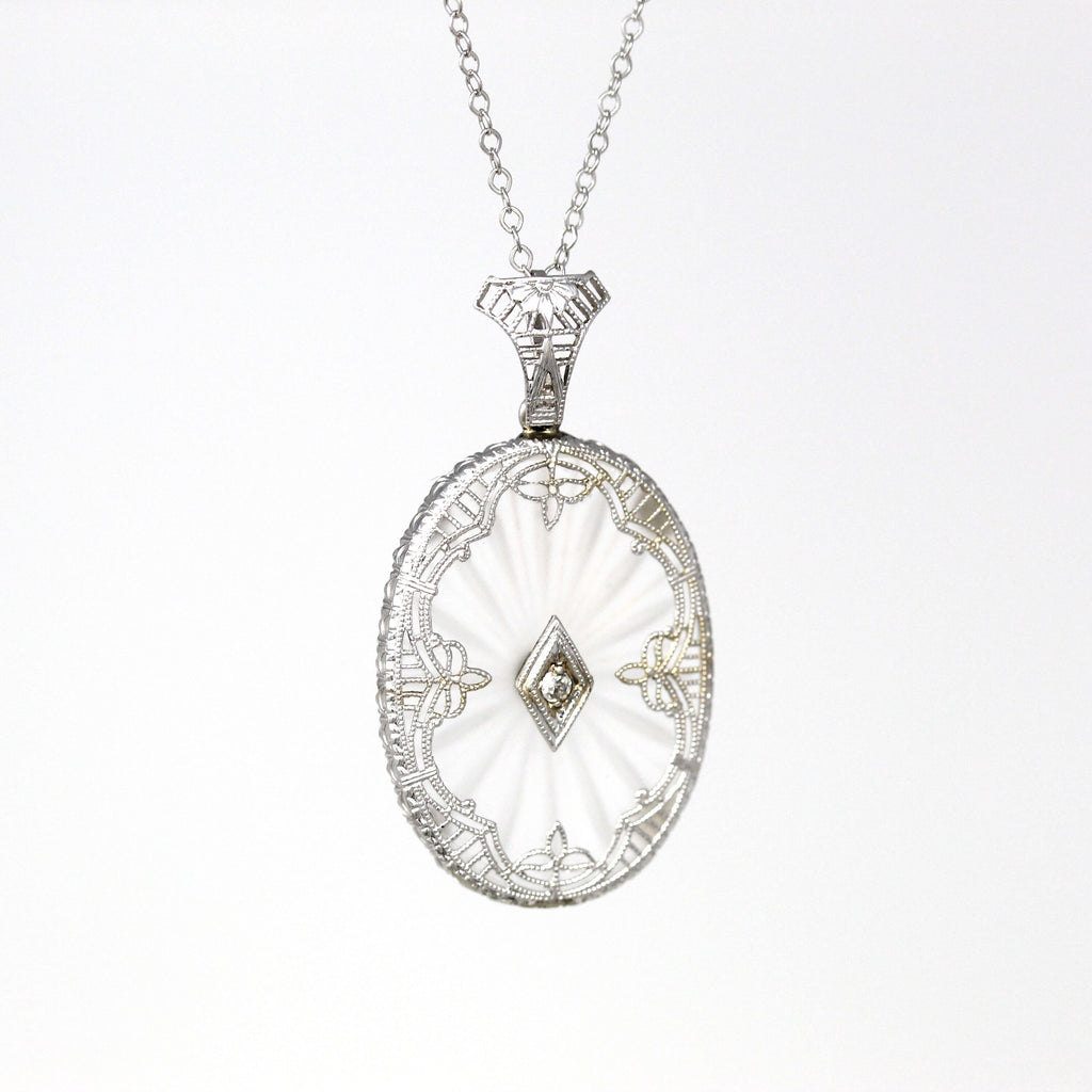 Sale - Rock Crystal Quartz Necklace - Art Deco 14k White Gold Diamond Pendant - Vintage Circa 1930s Era Statement Filigree Fine 30s Jewelry