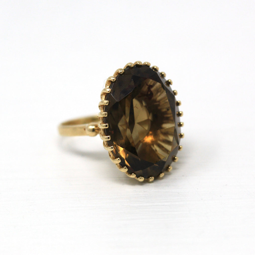 Sale - Smoky Quartz Ring - Retro 10k Yellow Gold Genuine Oval Faceted 16 Carats Brown Gem - Vintage Circa 1970s Era Size 4 Statement Jewelry