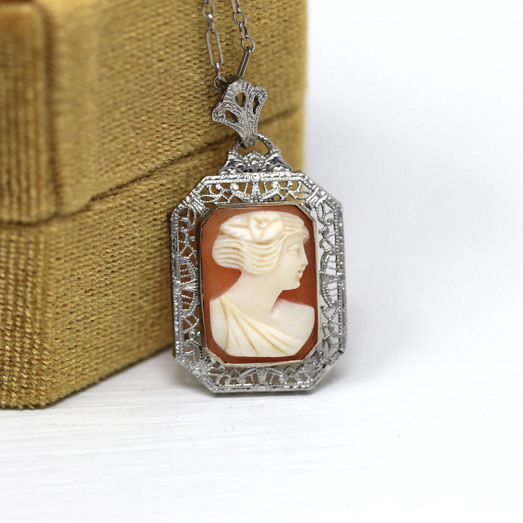 Sale - Vintage Cameo Necklace - Art Deco 10k White Gold Carved Shell Pendant Lavalier - Circa 1930s Filigree Paper Clip Link Fine Jewelry