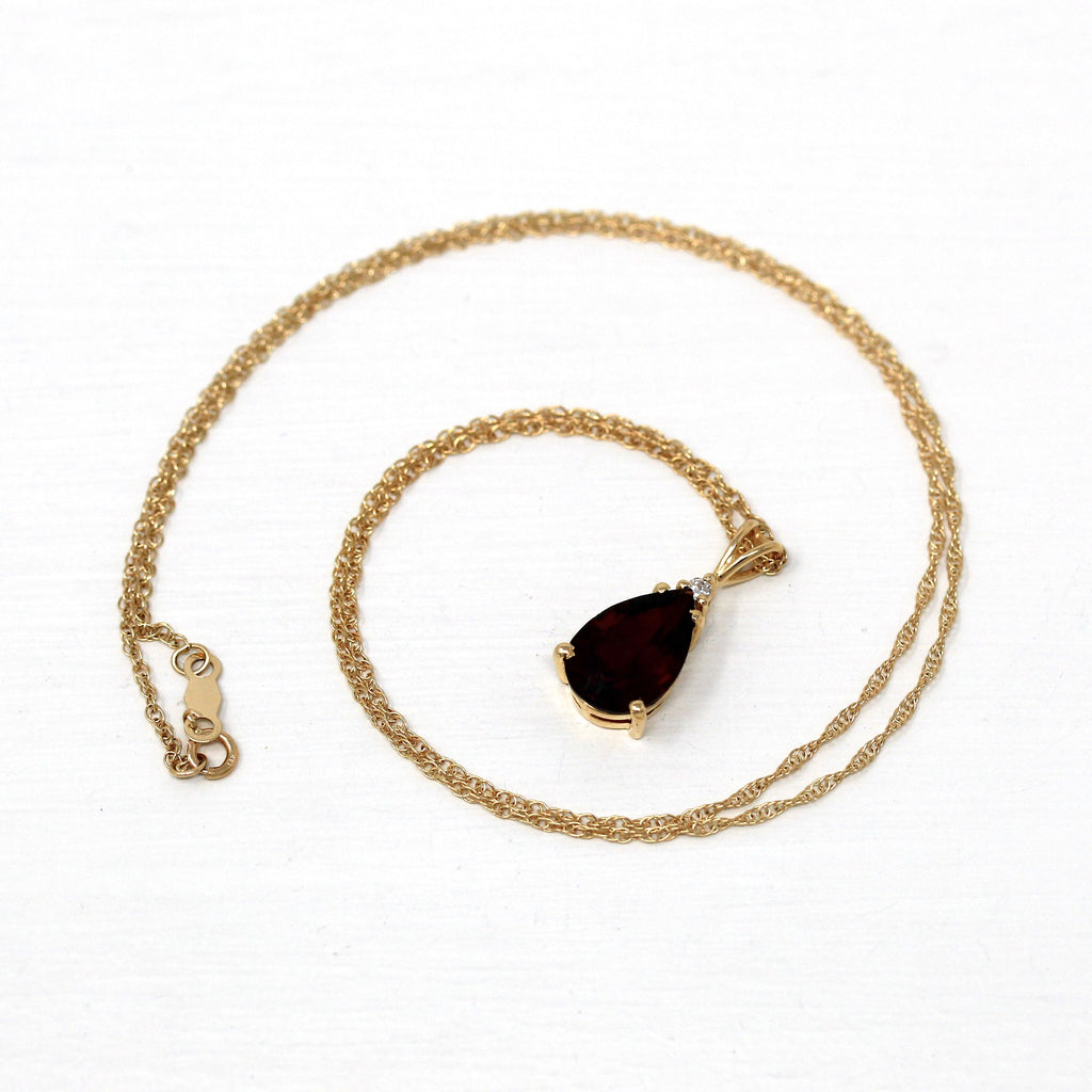 Genuine Garnet Necklace - Estate 14k Yellow Gold Red Pear Cut .51 CT Gem Pendant - Modern Circa 2000s Era Diamond January Fine Y2K Jewelry