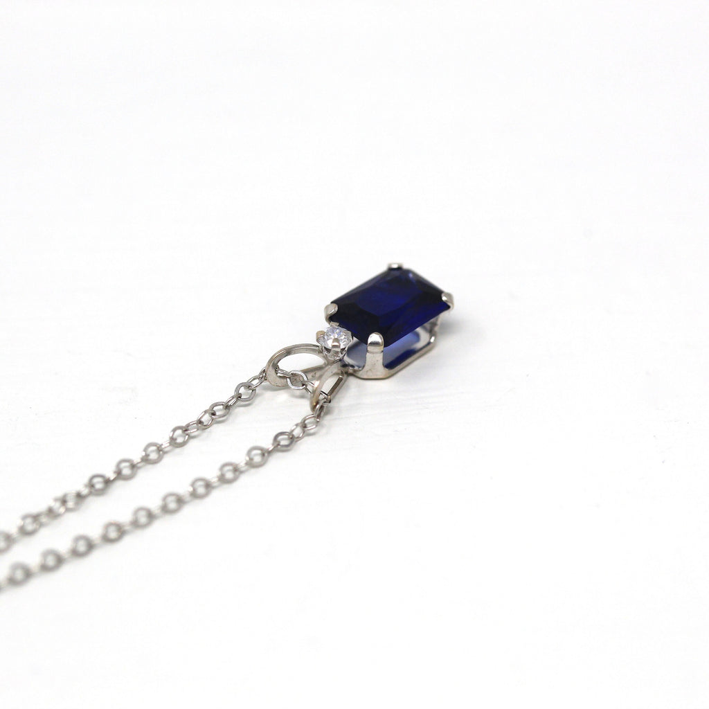 Sale - Created Sapphire Necklace - Modern 10k White Gold Rectangular Faceted 1.27 CT Blue Stone Pendant - Estate Circa 2000's Era Jewelry