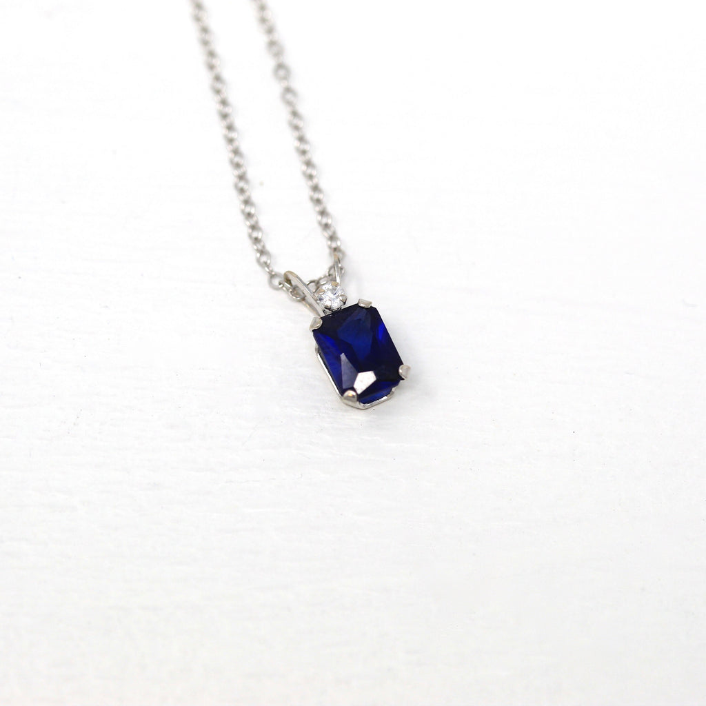 Sale - Created Sapphire Necklace - Modern 10k White Gold Rectangular Faceted 1.27 CT Blue Stone Pendant - Estate Circa 2000's Era Jewelry