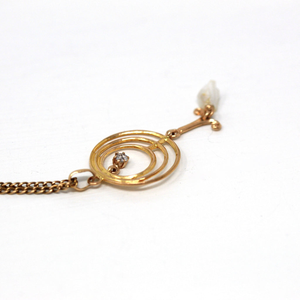 Sale - Genuine Diamond Lavalier - Edwardian 10k Yellow Gold Open Metal Pendant Charm - Antique Circa 1910s Era .03 CT Gem Pearl Fine Jewelry