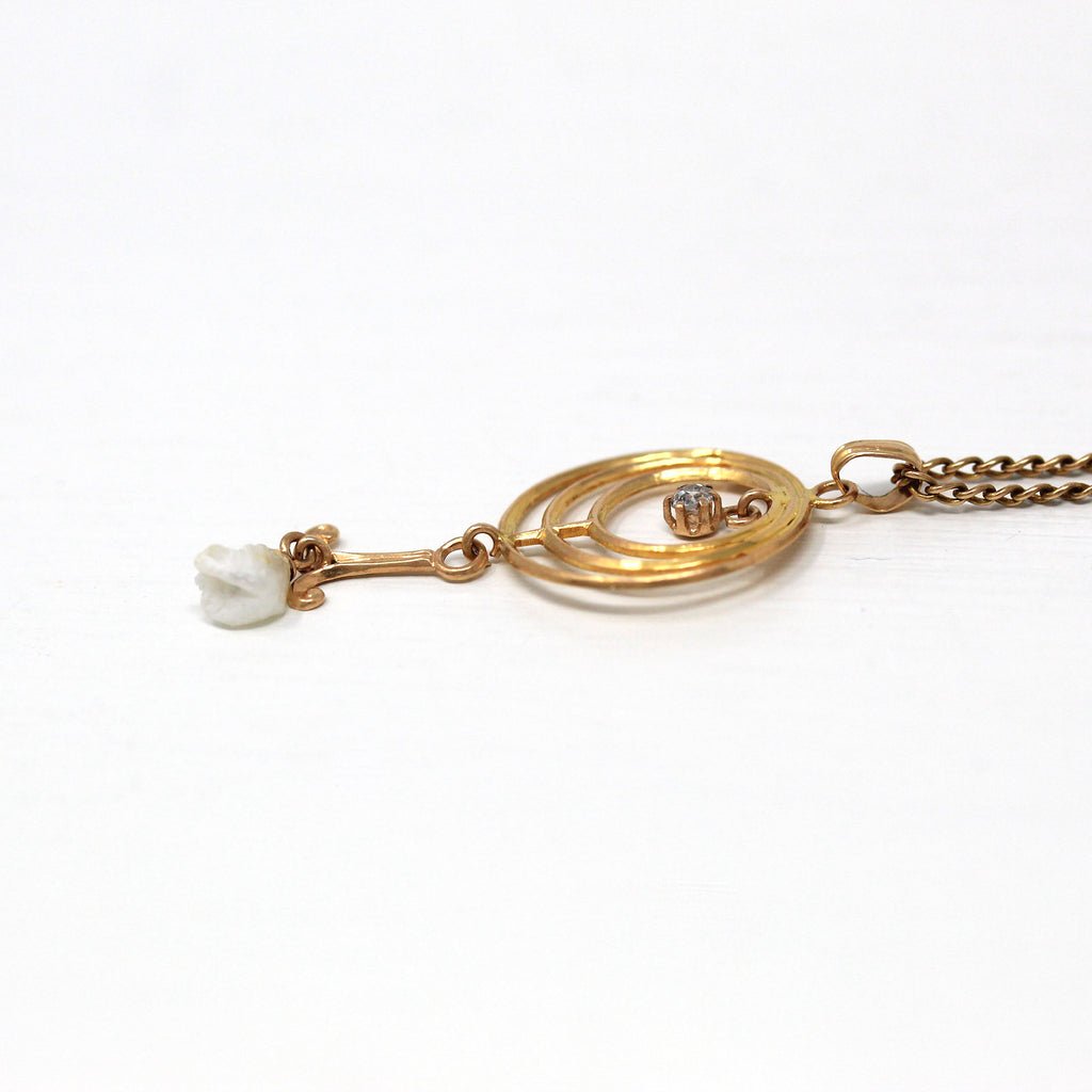 Sale - Genuine Diamond Lavalier - Edwardian 10k Yellow Gold Open Metal Pendant Charm - Antique Circa 1910s Era .03 CT Gem Pearl Fine Jewelry
