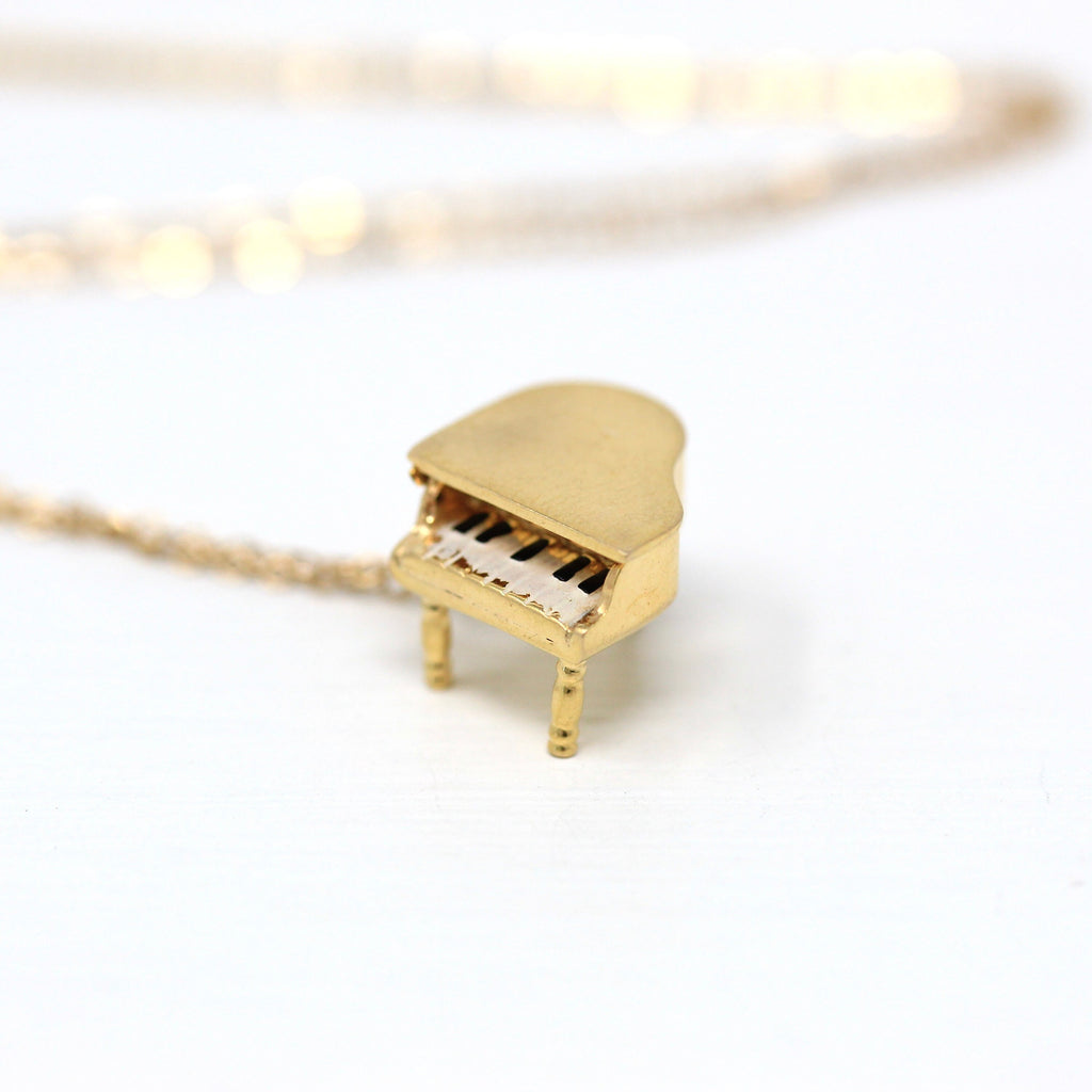 Grand Piano Charm - Retro 10k Yellow Gold Figural White & Black Enamel Keys Musical Necklace - Vintage Circa 1960s Era Pianist Music Jewelry