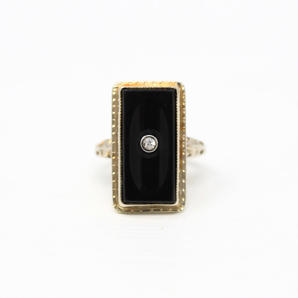 Sale - Vintage Onyx Ring - Art Deco 14k Yellow Gold Genuine .02 CT Diamond Statement - Circa 1930s Size 3 3/4 Rectangular Gem Fine Jewelry