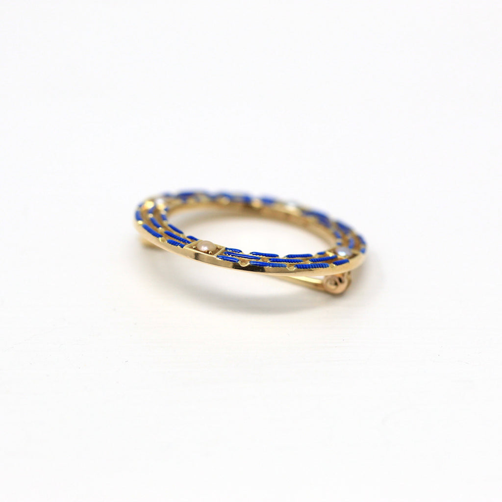 Sale - Antique Circle Brooch - Edwardian 14k Yellow Gold Blue Enamel Seed Pearl Pin - Vintage 1910s Era Fashion Accessory Krementz Jewelry