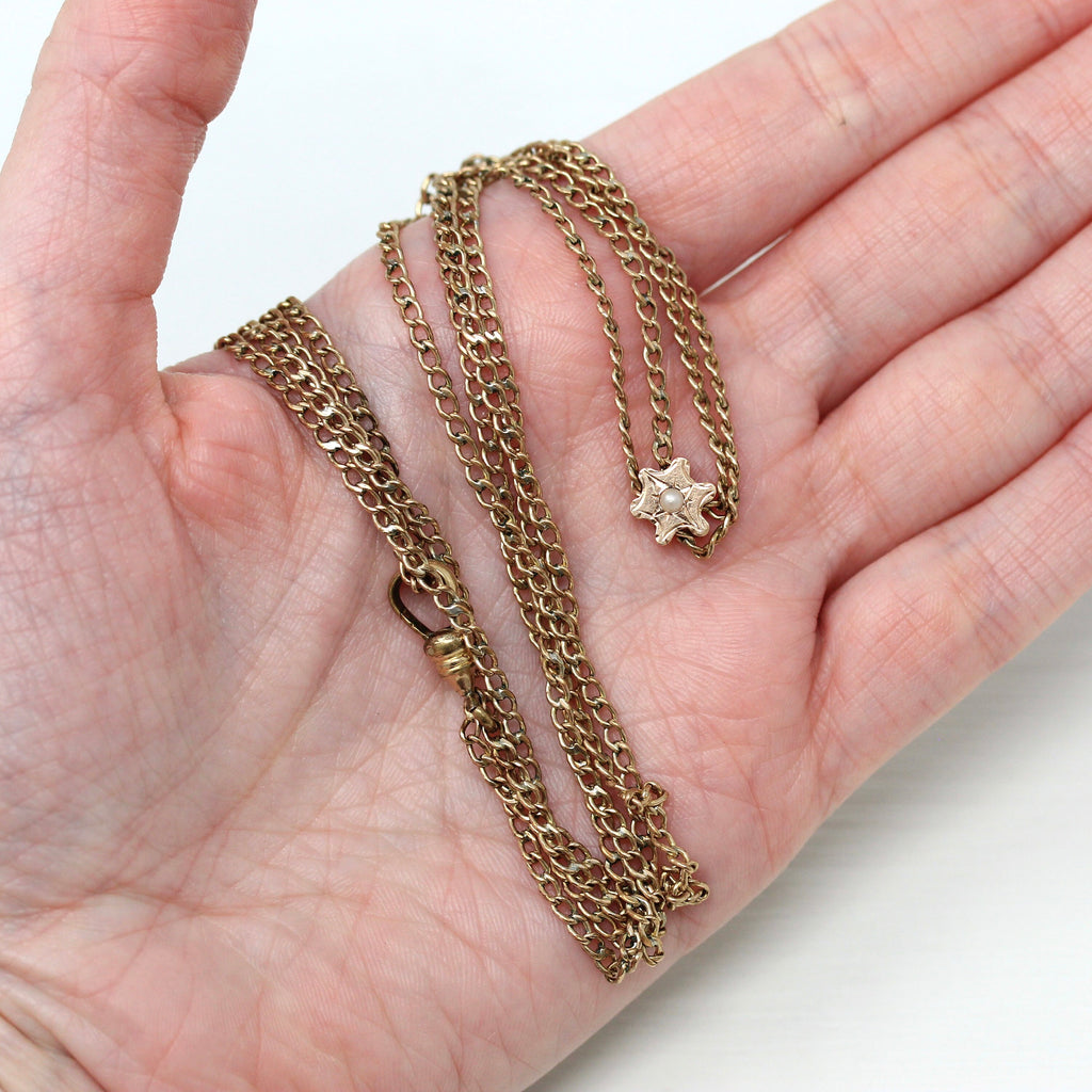 Sale - Antique Lorgnette Chain - Edwardian Gold Filled Curb Links Charm Necklace - Circa 1910s Simulated Pearl Star Celestial Style Jewelry