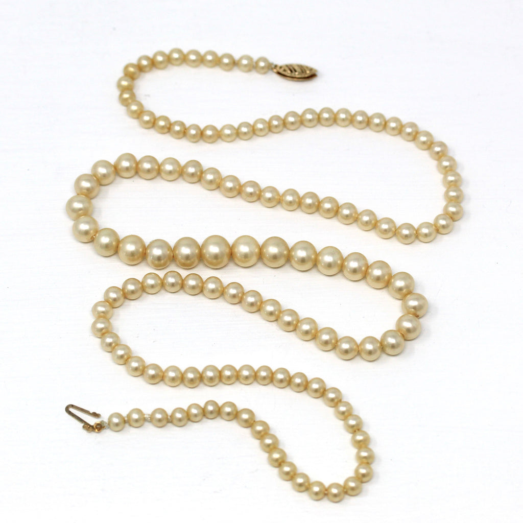 Sale - Simulated Pearl Necklace - Retro 14k Yellow Gold Fish Hook Graduated Single Strand - Vintage Circa 1940s Era 24 Inch 40s Fine Jewelry