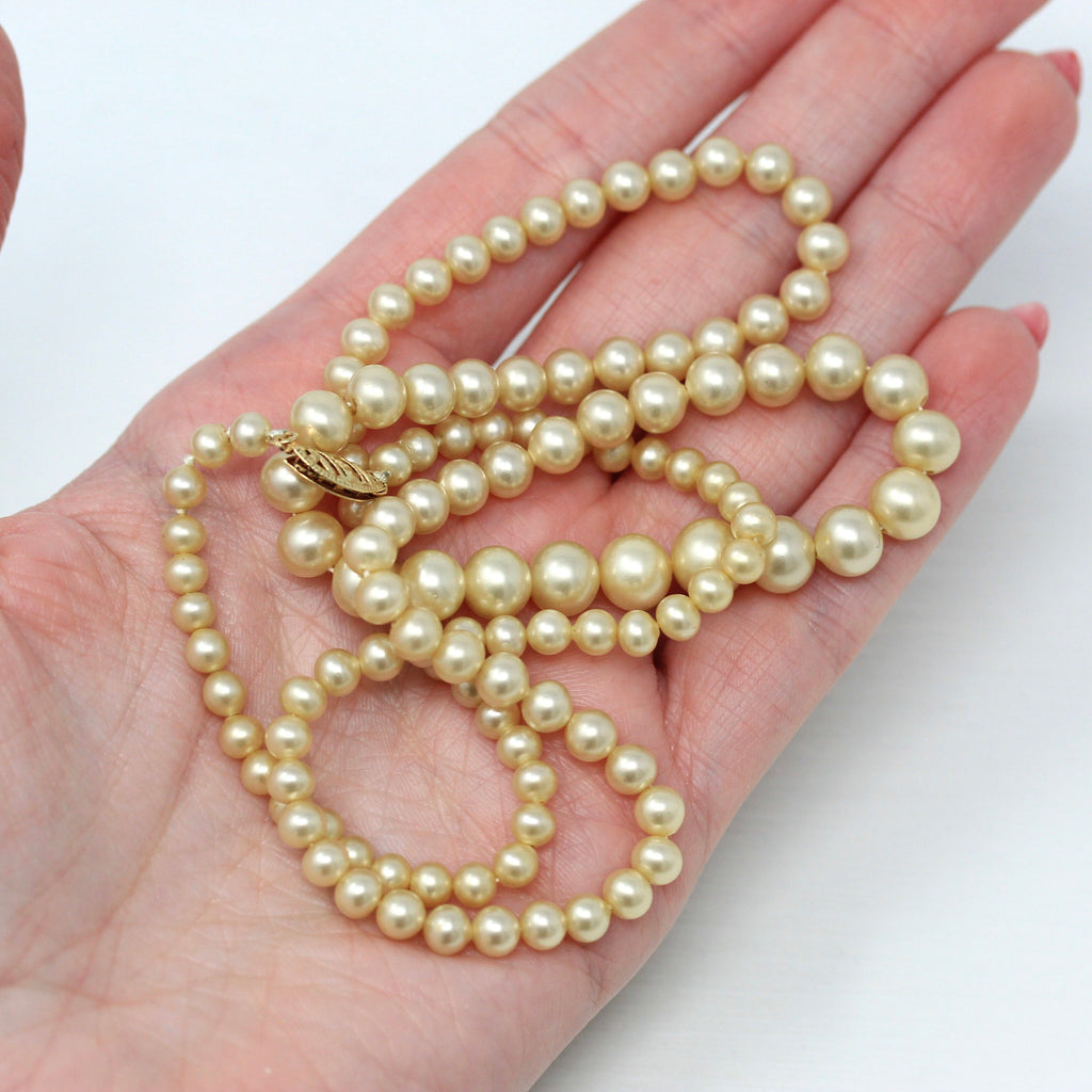 Sale - Simulated Pearl Necklace - Retro 14k Yellow Gold Fish Hook Graduated Single Strand - Vintage Circa 1940s Era 24 Inch 40s Fine Jewelry