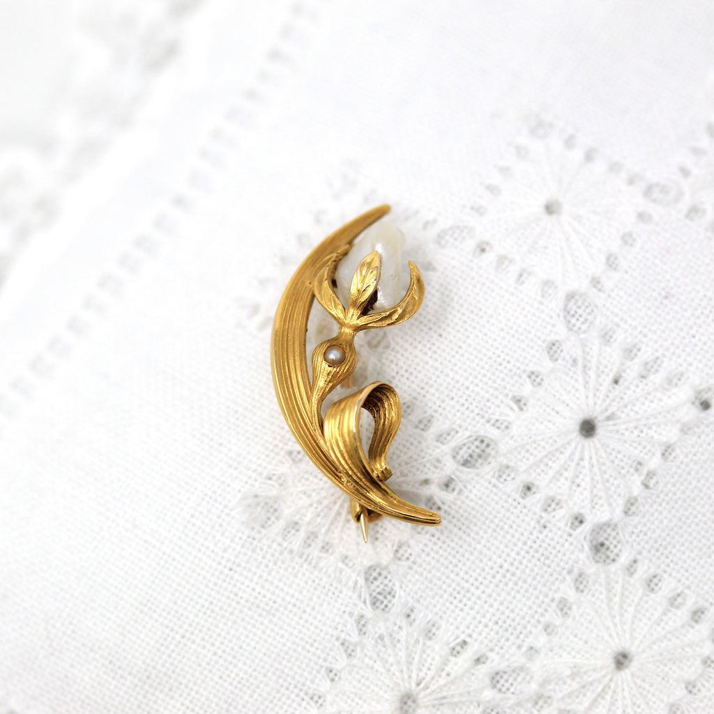 Sale - Crescent Moon Brooch - Art Nouveau 14k Yellow Gold Baroque Pearl Celestial Pin - Antique Circa 1910s Era Seed Pearl Accessory Jewelry