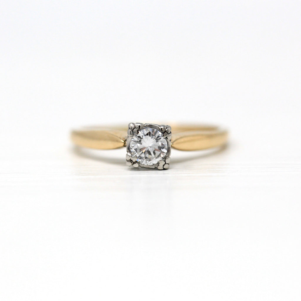 Sale - Vintage Diamond Ring - 14k Yellow White Gold Genuine 1/4 CT Gem Solitaire Engagement - Size 5.25 Retro Era Circa 1940s Fine Jewelry
