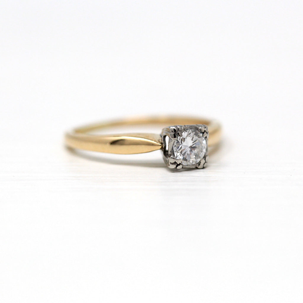 Sale - Vintage Diamond Ring - 14k Yellow White Gold Genuine 1/4 CT Gem Solitaire Engagement - Size 5.25 Retro Era Circa 1940s Fine Jewelry