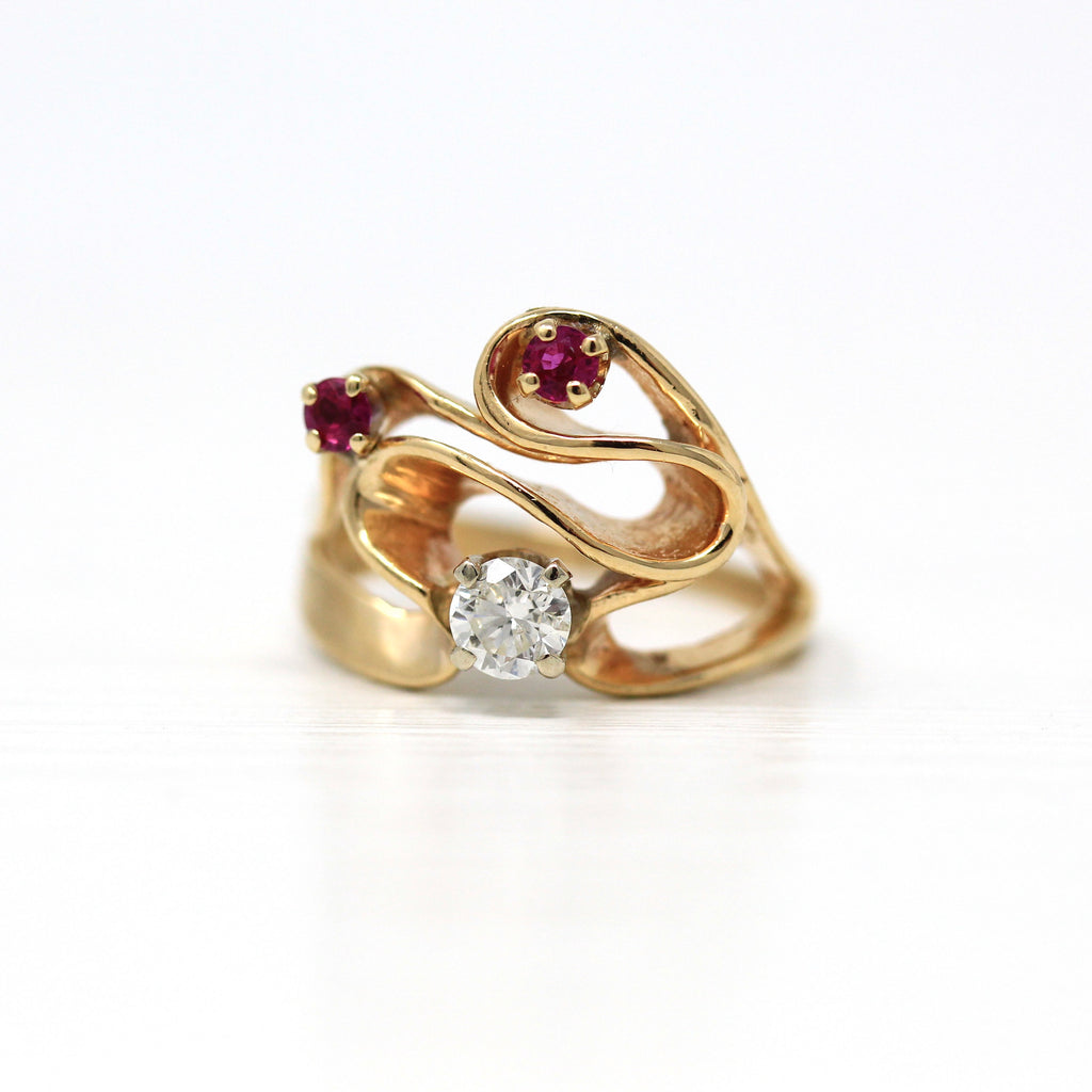Sale - Modernist Diamond Ring - Retro 14k Yellow Gold 1/4 CT Gem & Red Created Rubies - Circa 1970s Size 4 3/4 Loop Scroll Design Jewelry
