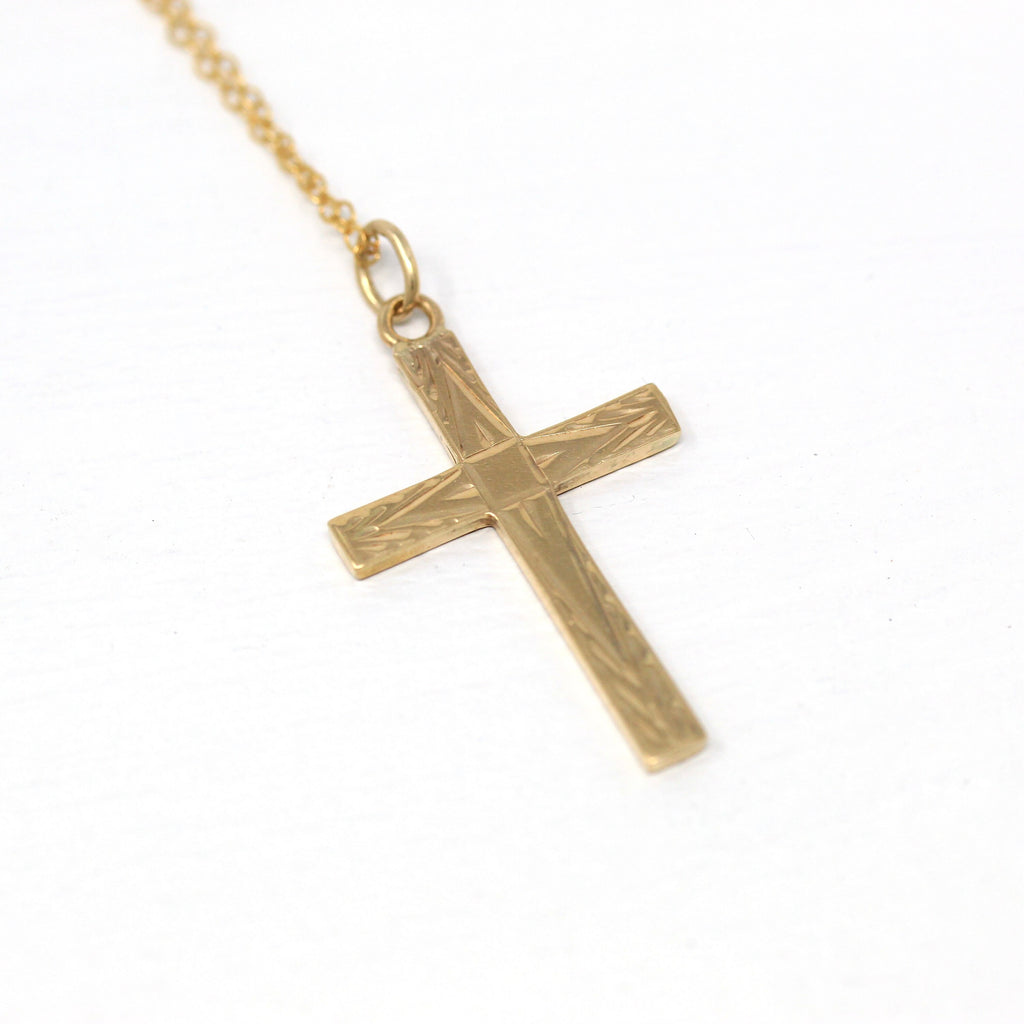 Sale - Vintage Cross Necklace - Retro 14k Yellow Gold Engraved Etched Pendant - Circa 1940s Statement Religious Faith Esemco Fine Jewelry